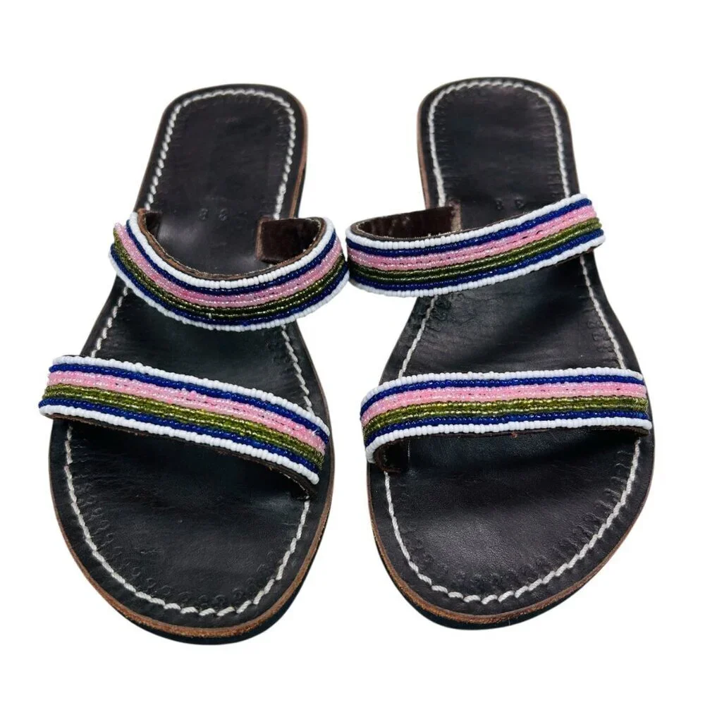 Handmade Beaded Brown Leather Sandal 38 Size 8 Women Boho Coastal